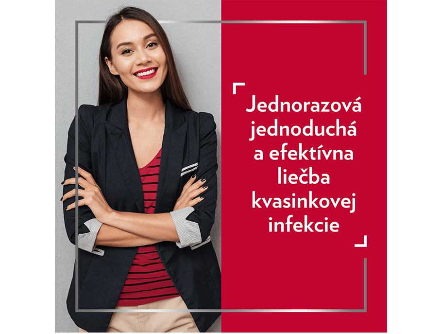 Obrázok elegantne oblečenej usmievavej mladej ženy so založenými rukami, ktorá je šťastná po liečbe prípravkom Canesten GYN 1 DEŇ